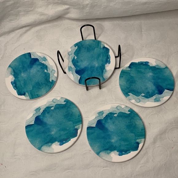 Watercolor Stone Coasters set of 5 w/black metal holder - Picture 2 of 3